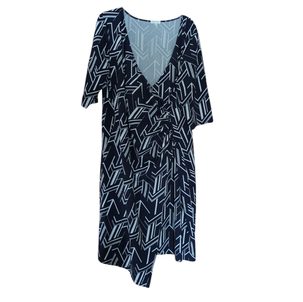 Kiyonna Women's Wrap Dress Navy Blue White Geometric V Neck Neutral Plus Size 2X